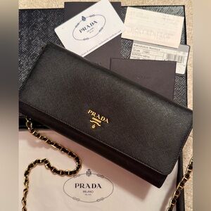 Prada Black Leather Clutch with Gold Chain